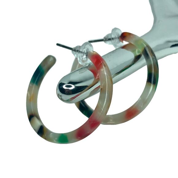 White Multicolor Resin Small Circular Hoop Earrings - Picture 2 of 5